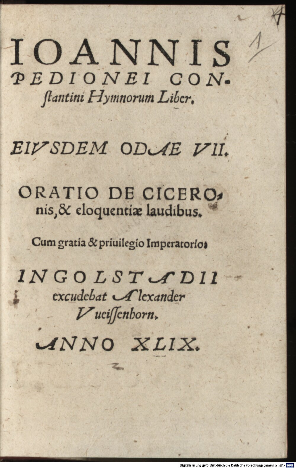 Pedioneus, Johannes: Ioannis Pedionei Constantini Hymnorum Liber Ingolstadii 1549 (Pol.g. 260 ta#Beibd.1)