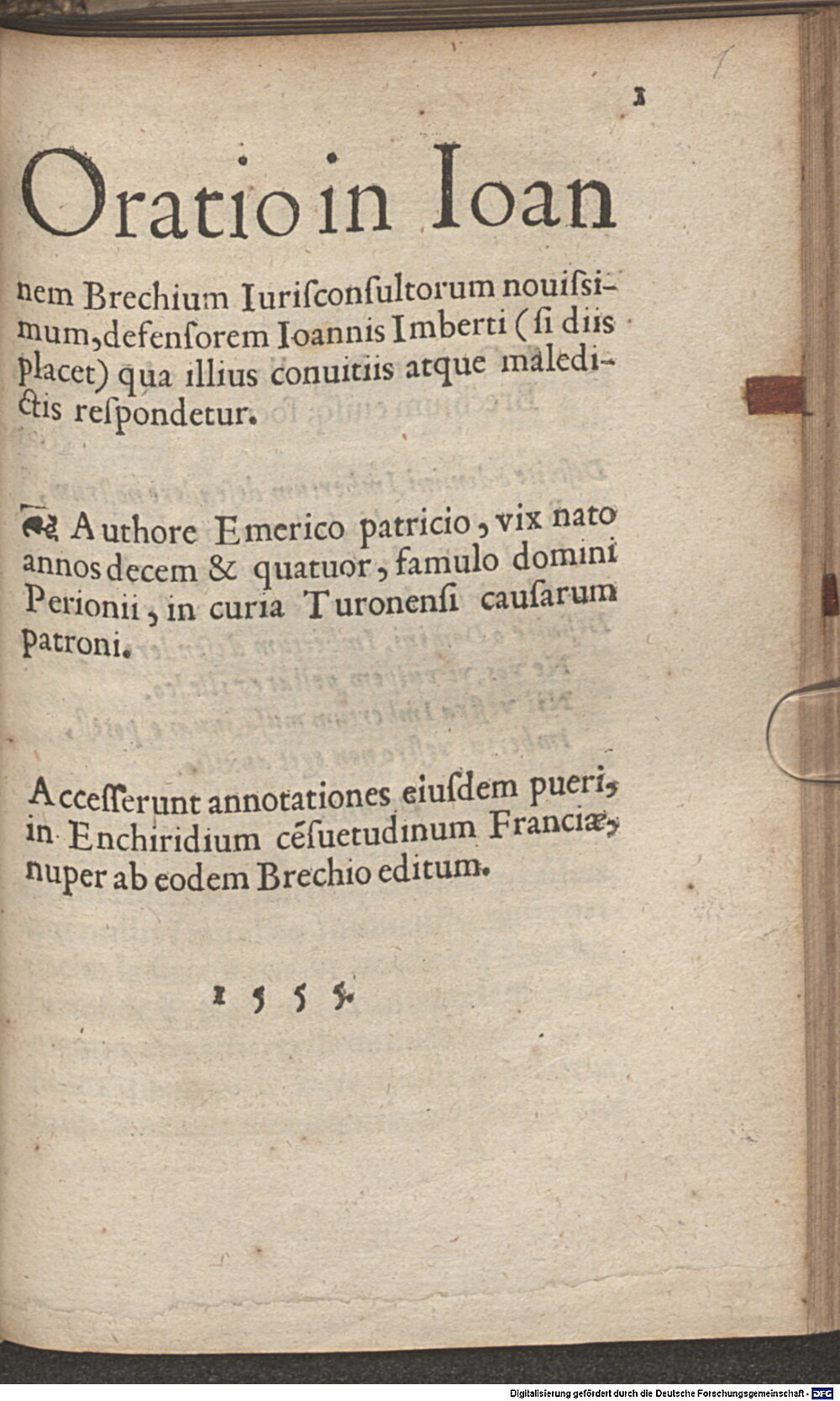 Sinelli, Emmericus: Oratio in Joannem Brechium S.l. 1555 (J.rom.m. 510#Beibd.1)