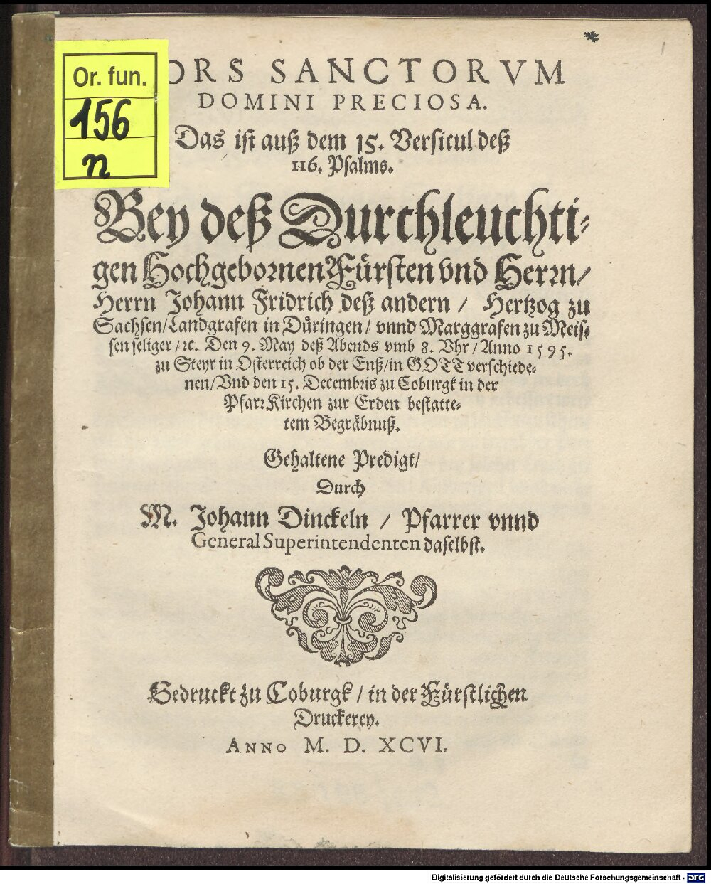 Dinckel, Johannes: Mors Sanctorum Domini Preciosa Coburgk 1596 (Or.fun. 156 n)