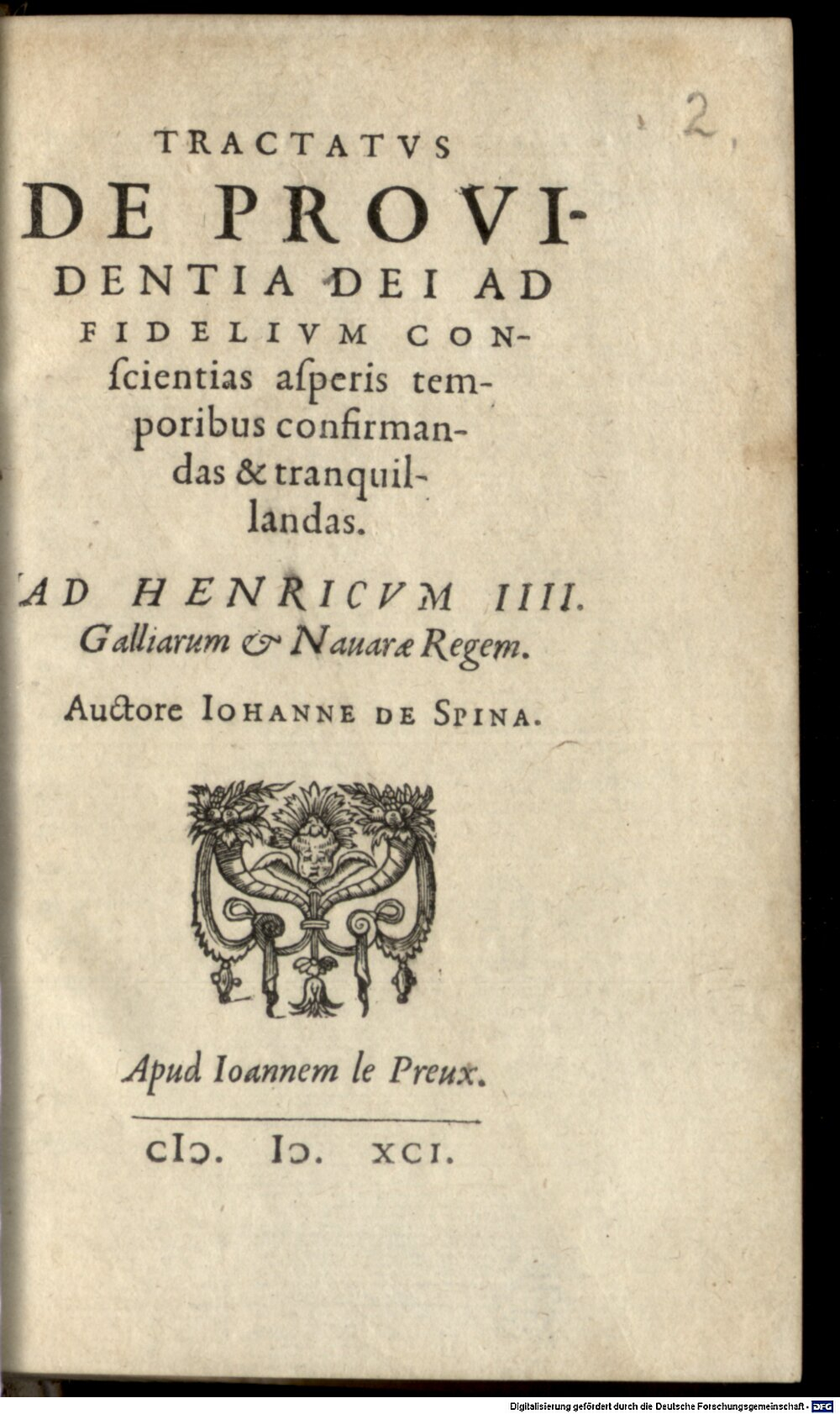 L'Espine, Jean de: Tractatus de providentia Dei S.l. 1591 (Gall.g. 88#Beibd.2)