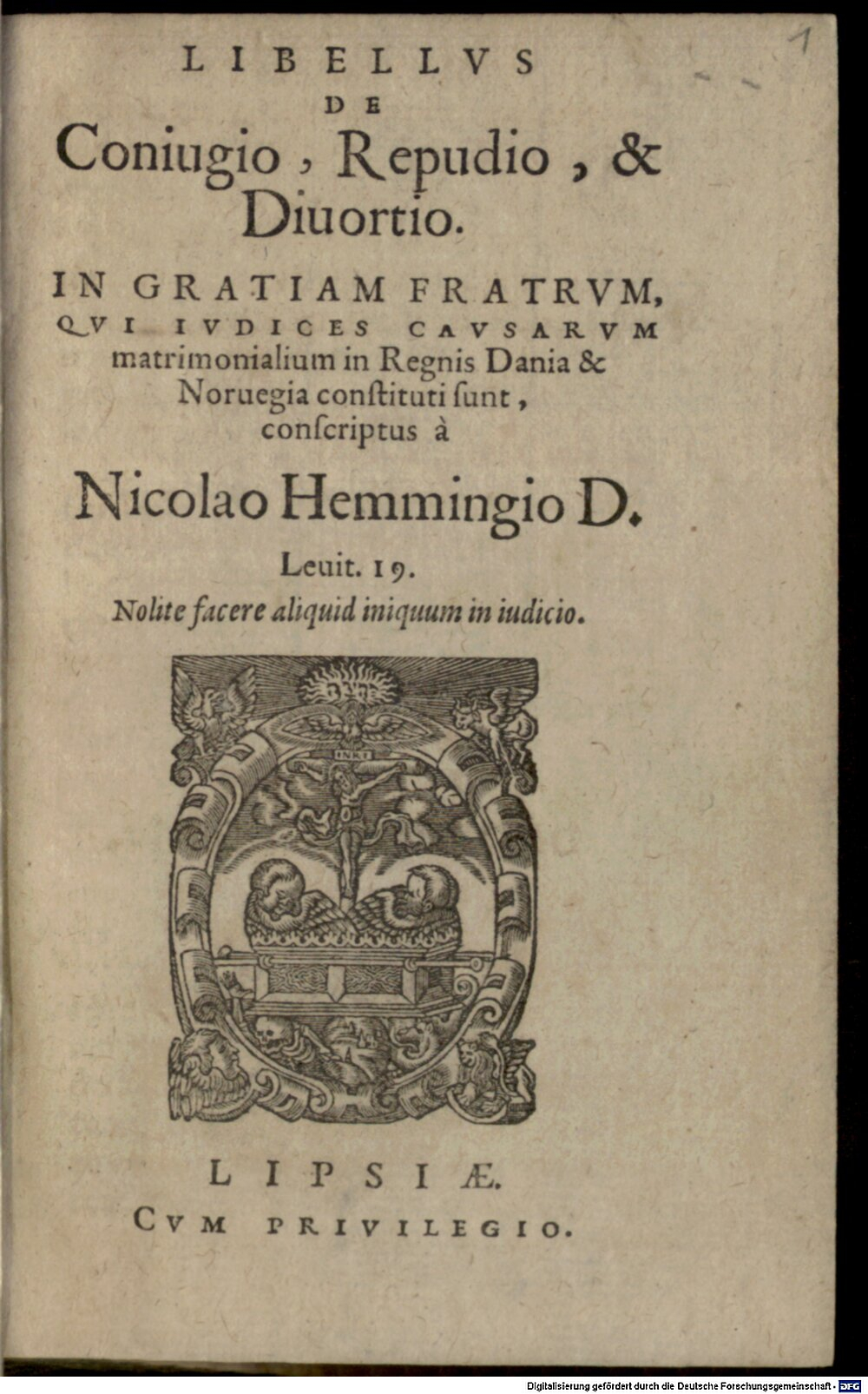 Hemmingsen, Niels: Libellus de Coniugio, Repudio, et Divortio ... Lipsia 1578 (Mor. 1109#Beibd.1)