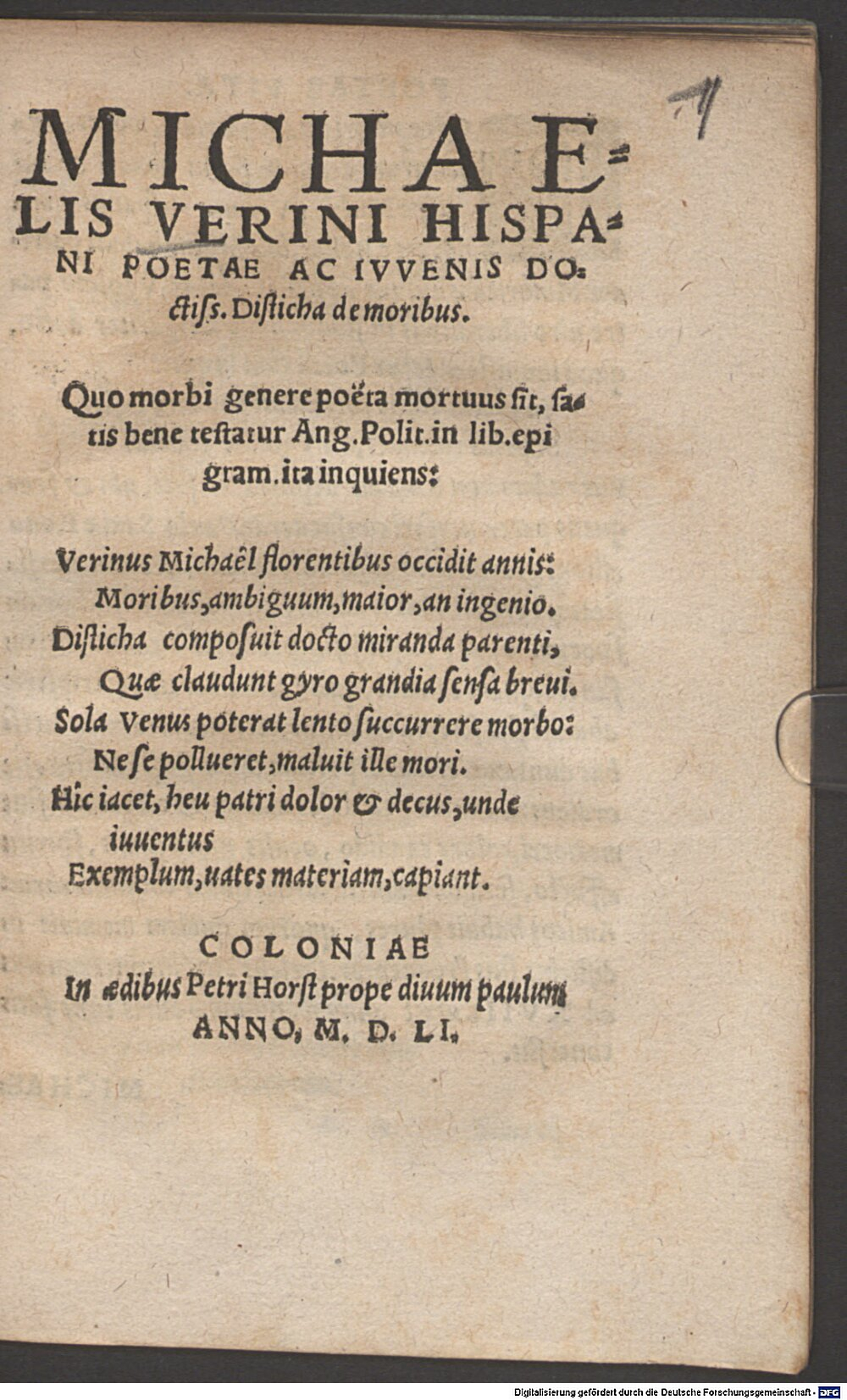 Verino, Michele: Disticha de moribus Colonia 1551 (Paed.pr. 2451#Beibd.1)