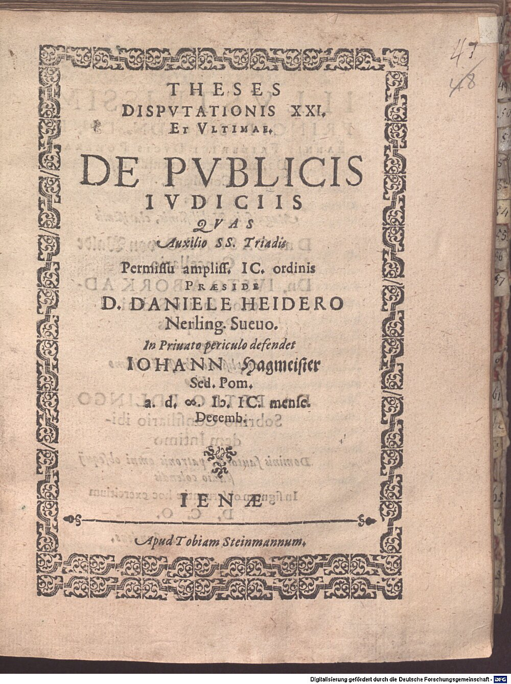 Heider, Daniel: Theses disputationis XXI. et ultima de publicis iudiciis Jena 1598 (4 Diss. 2273#Beibd.47)
