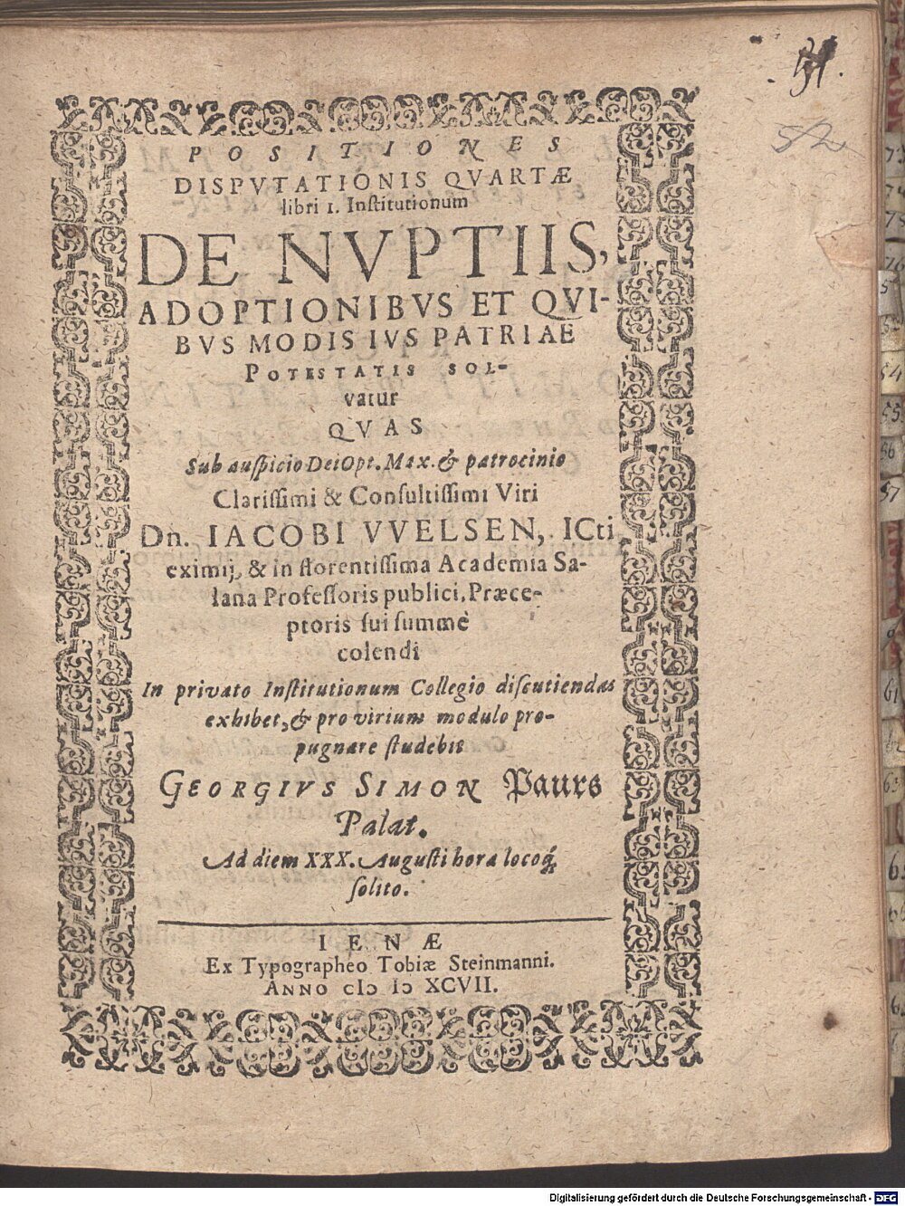 Welsen, Jacob: Positiones disputationis Jena 1597 (4 Diss. 2273#Beibd.51)