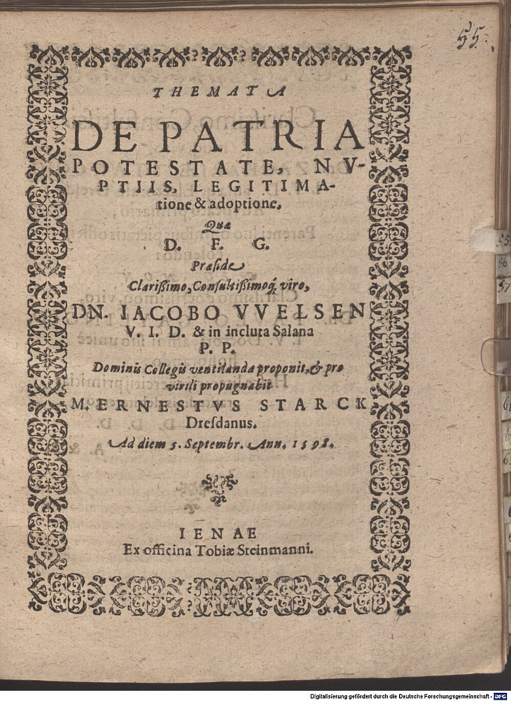 Welsen, Jacob: Themata de patria potestate, nuptiis ... Jena 1598 (4 Diss. 2273#Beibd.55)