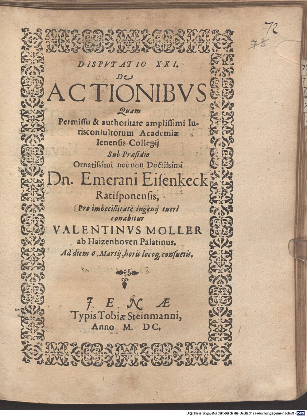 Eisenkeck, Emmeran: Disputatio XXI. de actionibus Jenae 1600 (4 Diss. 2273#Beibd.72)