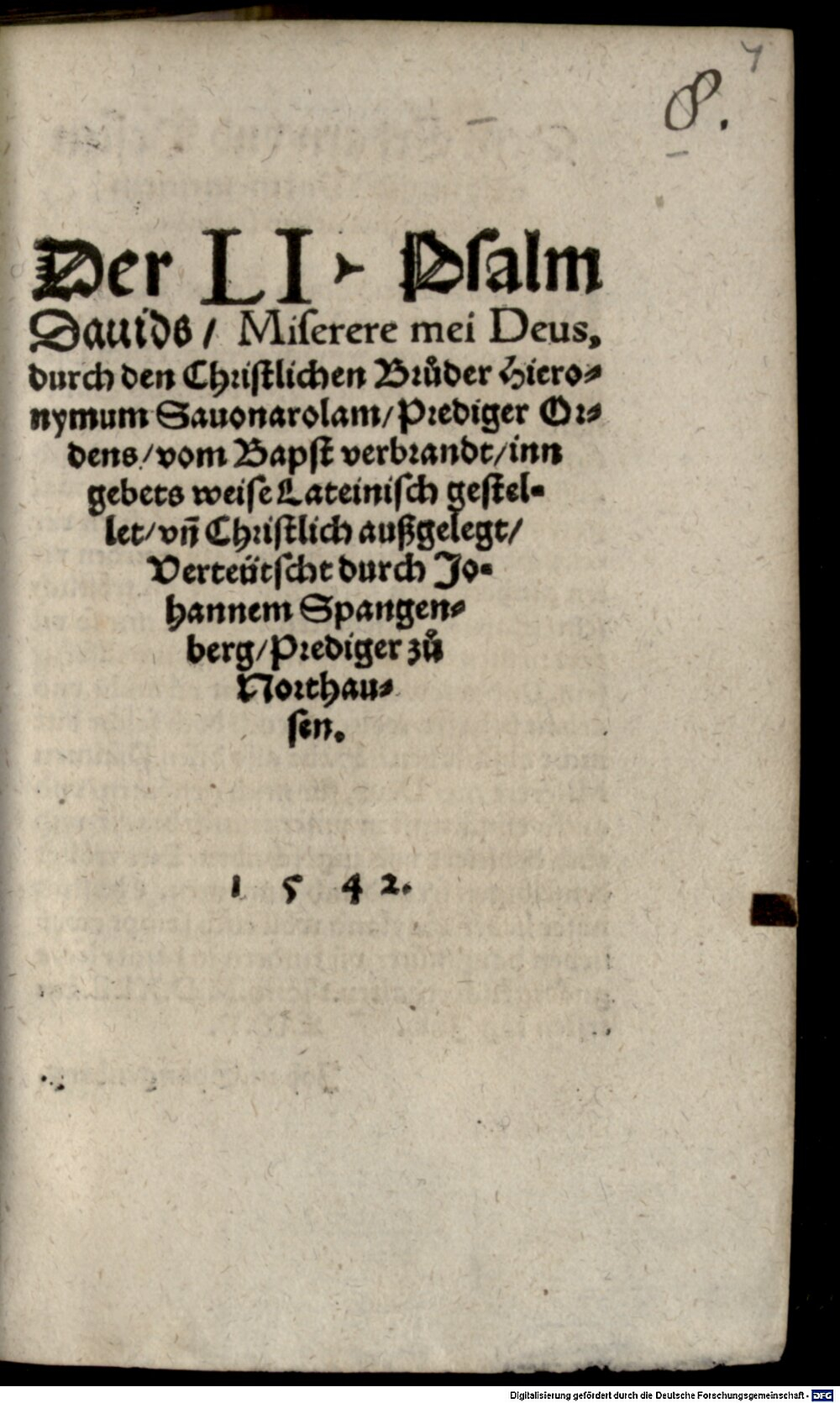Savonarola, Girolamo: Der LI. Psalm Davids, Miserere mei Deus Augspurg 1542 (Res/Asc. 1678 a#Beibd.7)