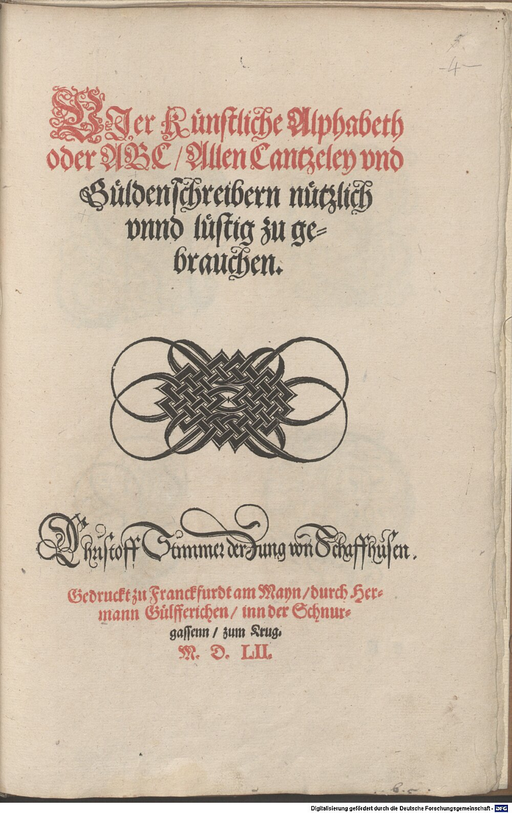 Stimmer, Christoph: Vier künstliche Alphabet Frankfurt 1552 (Rar. 2107#Beibd.4)