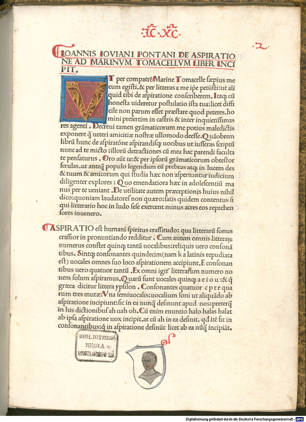 Pontano, Giovanni Giovano: De aspiratione Neapel 1481.01.08 (2 Inc.c.a. 1096)