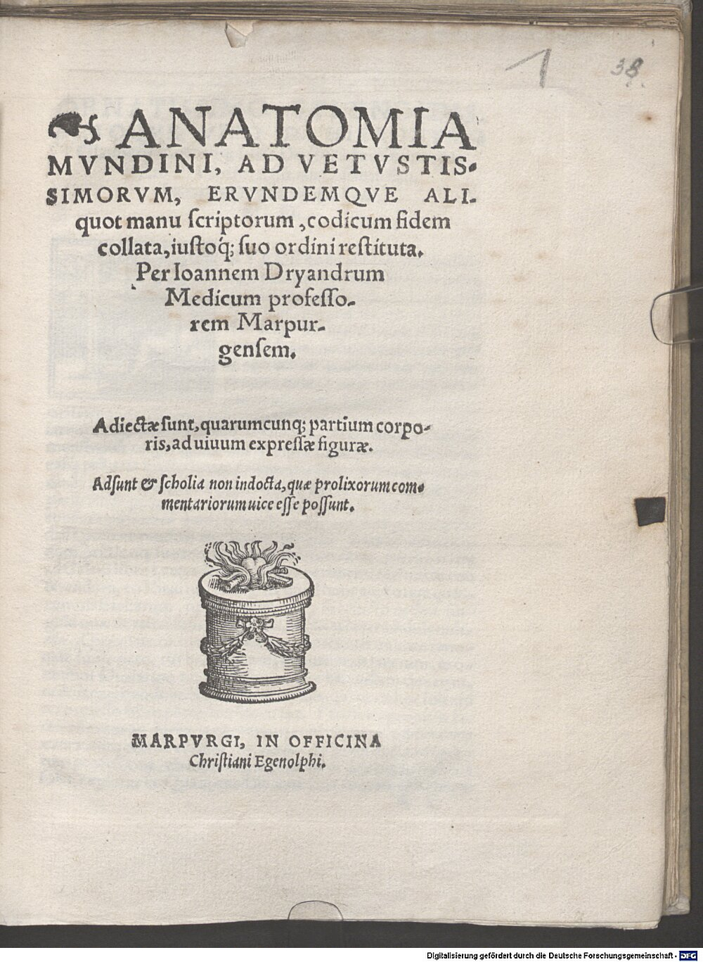 Mundinus <Lucius>: Anatomia ... Marpurgum 1541 (Rar. 1467#Beibd.1)