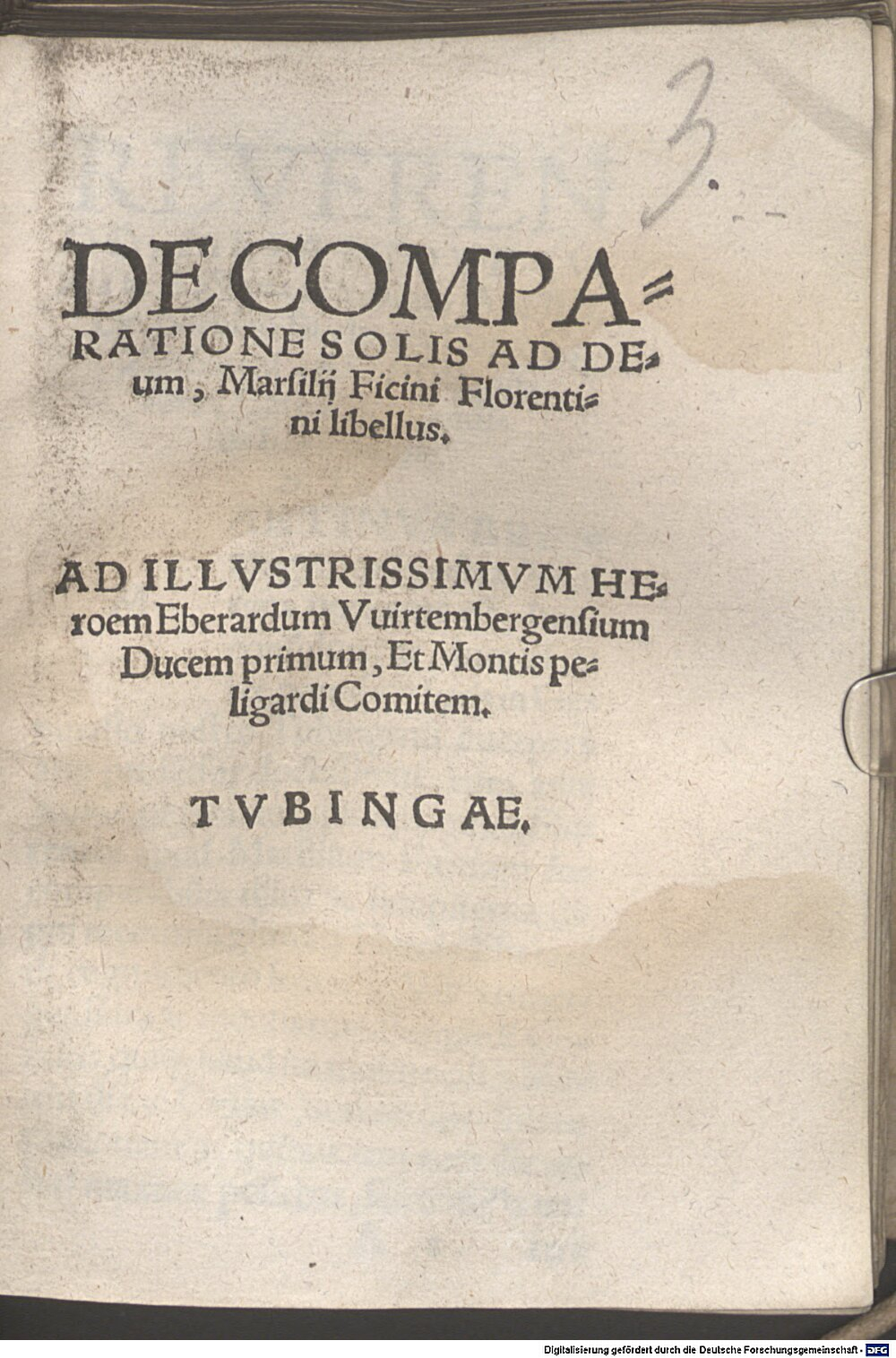 Ficinus, Marsilius: De comparatione solis ad Deum Tubinga 1547 (L.impr.c.n.mss. 1103#Beibd.3)