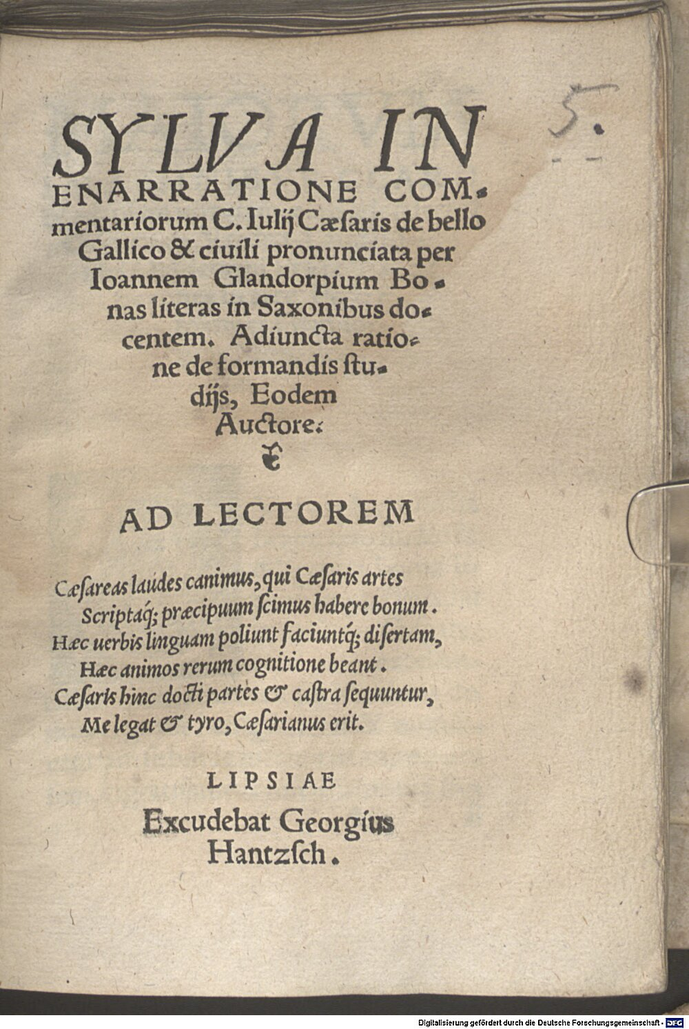 Glandorp, Johann: Sylva in enarratione commentariorum C. Iulii Caesaris de bello Gallico et civili Lipsia 1551 (L.impr.c.n.mss. 1103#Beibd.5)