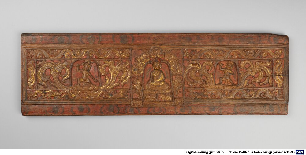 Tibetischer Buchdeckel (Oberdeckel) mit Darstellungen religiöser Figuren