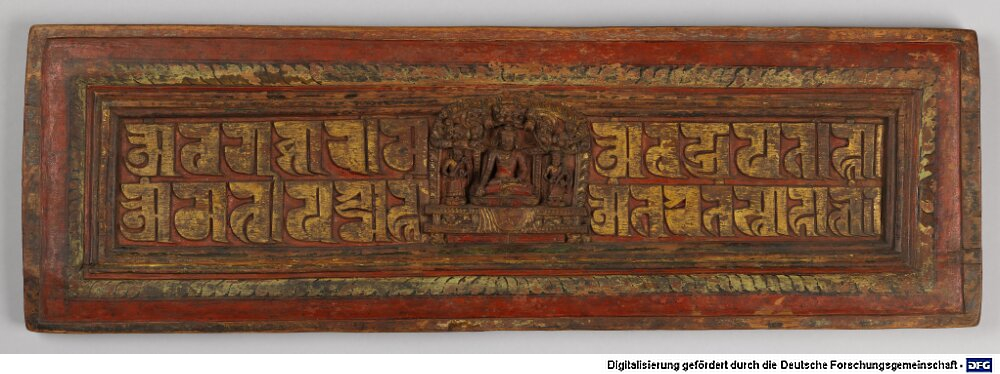 Tibetischer Buchdeckel (Oberdeckel) mit Inschrift im Mittelfeld