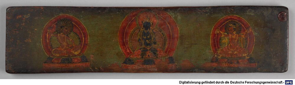 Tibetischer Buchdeckel (Oberdeckel) mit Darstellungen der tibetischen Kagyü-Schule (Cod.tibet. 1008(1