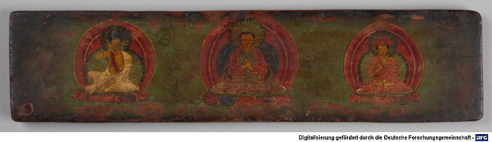Tibetischer Buchdeckel (Unterdeckel) mit Darstellungen  der tibetischen Kagyü-Schule (Cod.tibet. 1008(2