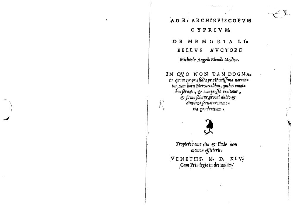 Biondo, Michelangelo: De Memoria Libellvs Venetiis 1545 (Paed.th. 545)