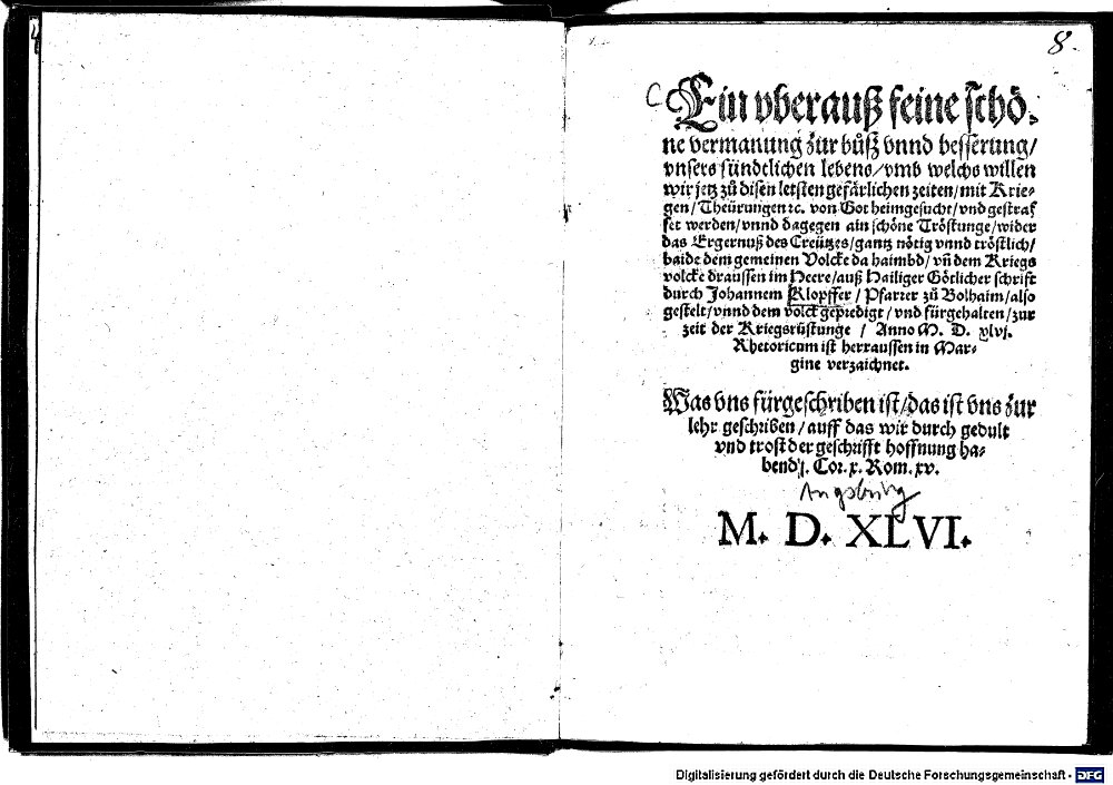 Klopfer, Johann: Ein uberauß feine schöne Vermanung zur Buß unnd Besserung unsers sünderlichen Lebens ... Augspurg 1546 (4 Hom. 950)