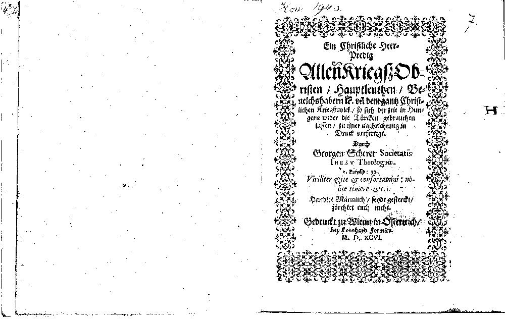 Scherer, Georg: Ein Christliche Heer-Predig Wienn in Osterreich 1596 (4 Hom. 1946)
