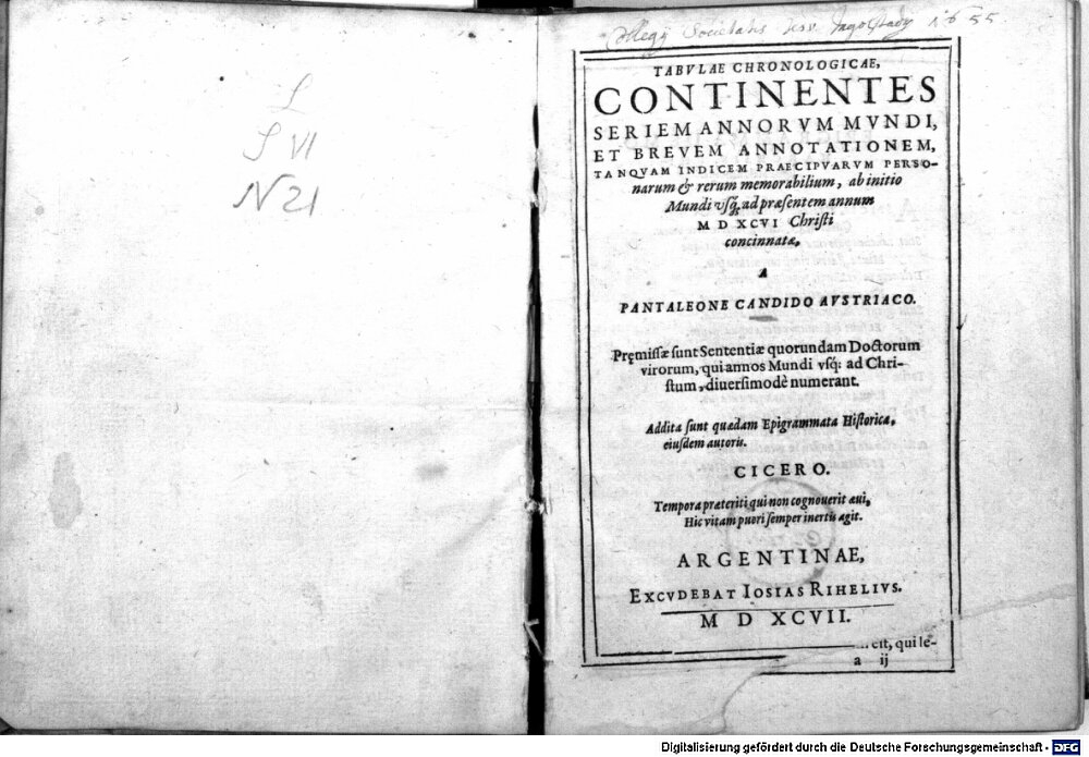 Candidus, Pantaleon: Tabulae chronologicae continentes seriem annorum mundi et brevem annotationem tamquam indicem praecipuarum personarum et rerum memorabilium Argentinae 1597 (0001/4 H.aux. 415)