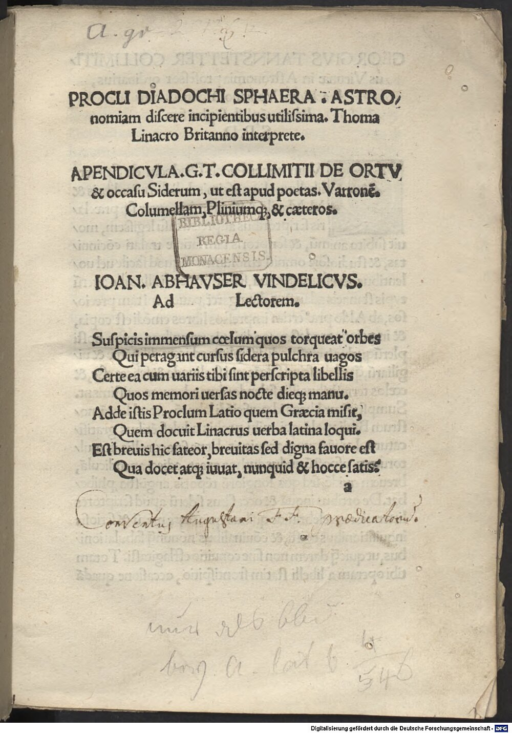 Proclus <Diadochus>: Procli Diadochi Sphaera Viennae Pannoniae 1511 (4 A.gr.b. 1198)