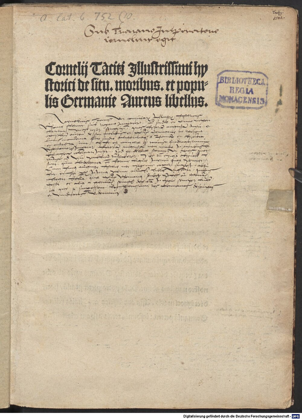 Tacitus, Cornelius: De situ, moribus et populis Germanorum aureus libellus Lipsia 1502 (4 A.lat.b. 752-10)