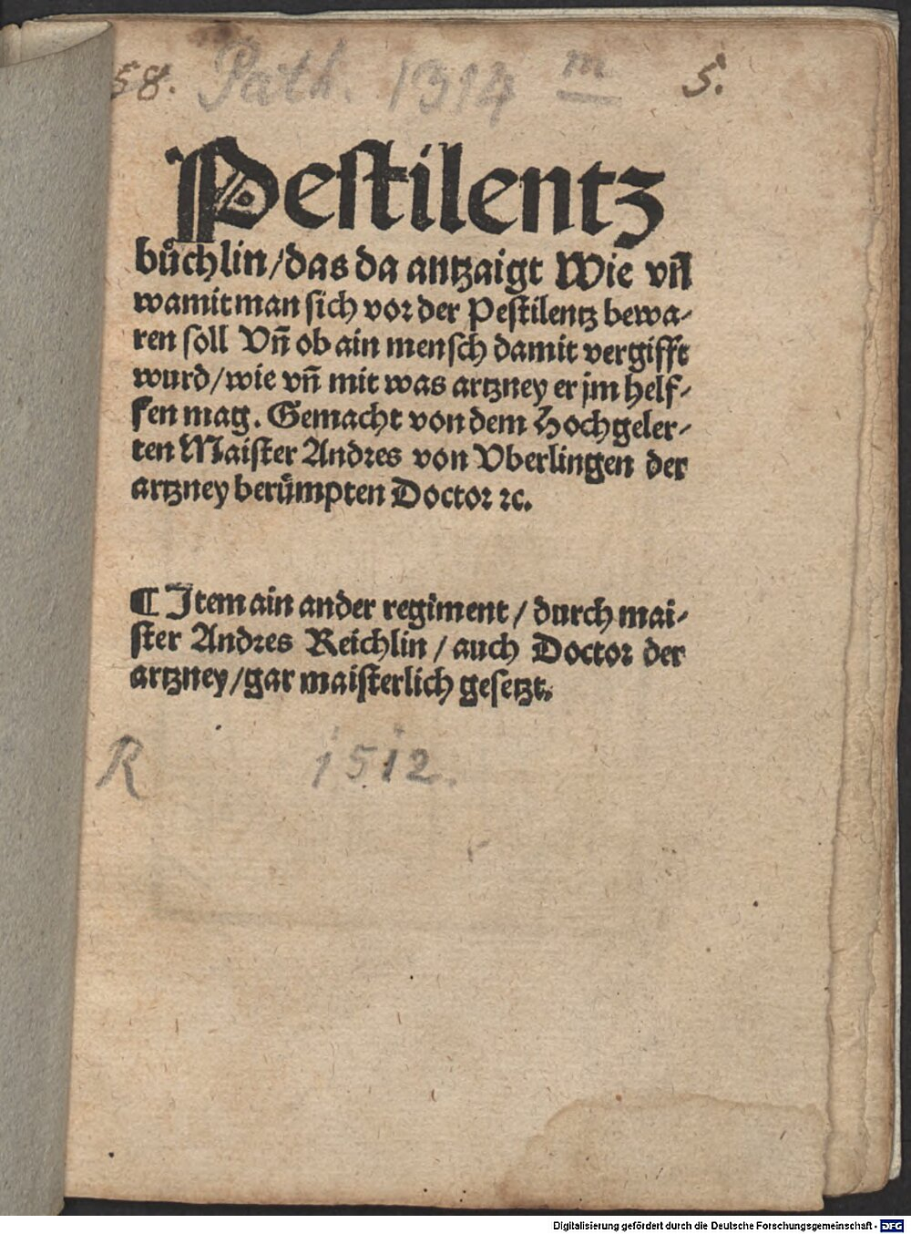 Reichlin, Andreas: Pestilenz Büchlein Augsburg 1512 (Path. 1314 m)
