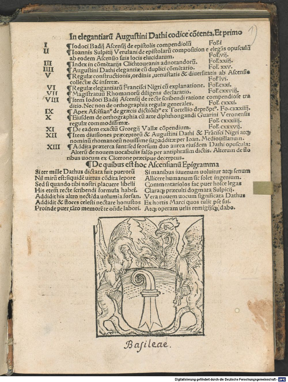 Augustinus <Dati>: Elegantiae [Basel] [ca. 1510] (4 L.lat. 465#Beibd.1)