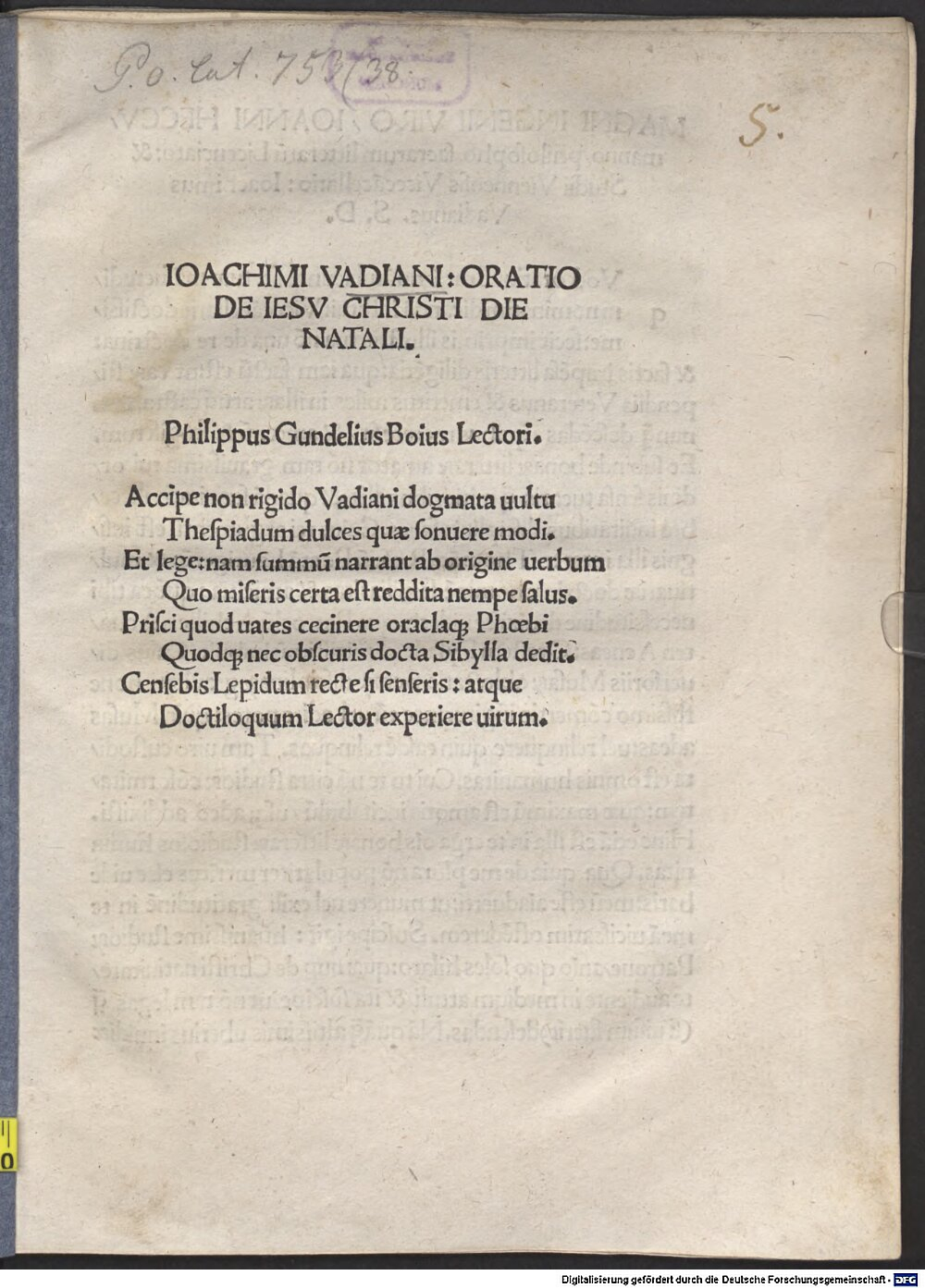Vadianus, Joachim: Oratio de Jesu Christi die natali Vienna 1511 (Res/4 P.o.lat. 753,38)