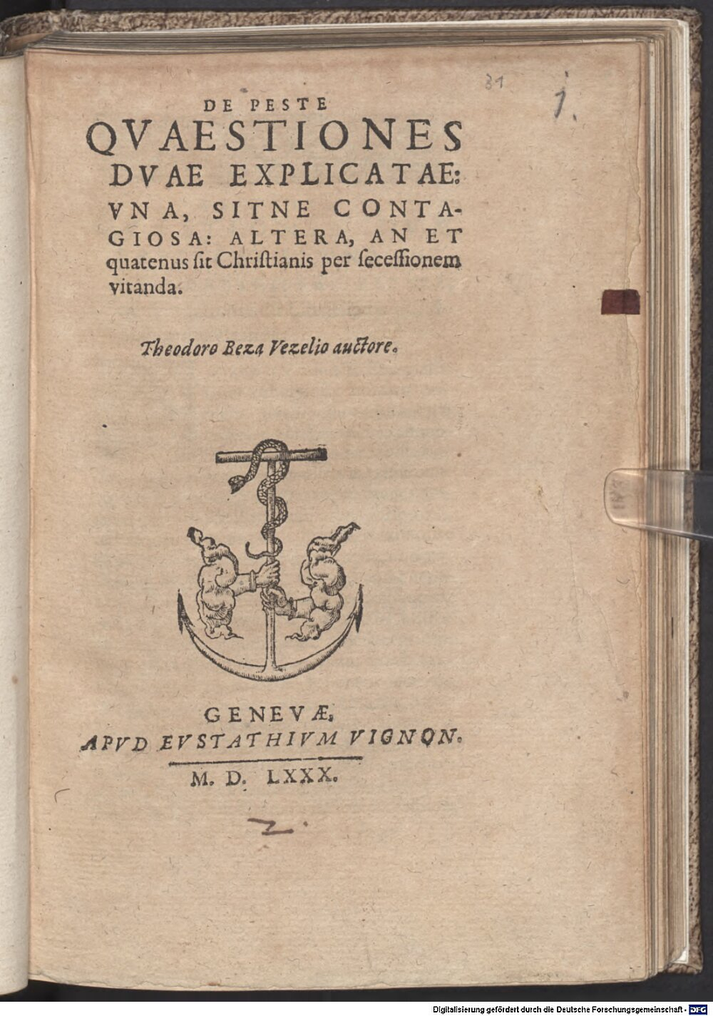 Bèze, Théodore de: De Peste Qvaestiones Dvae Explicatae Genevae 1580 (Res/Gall.g. 304#Beibd.1)