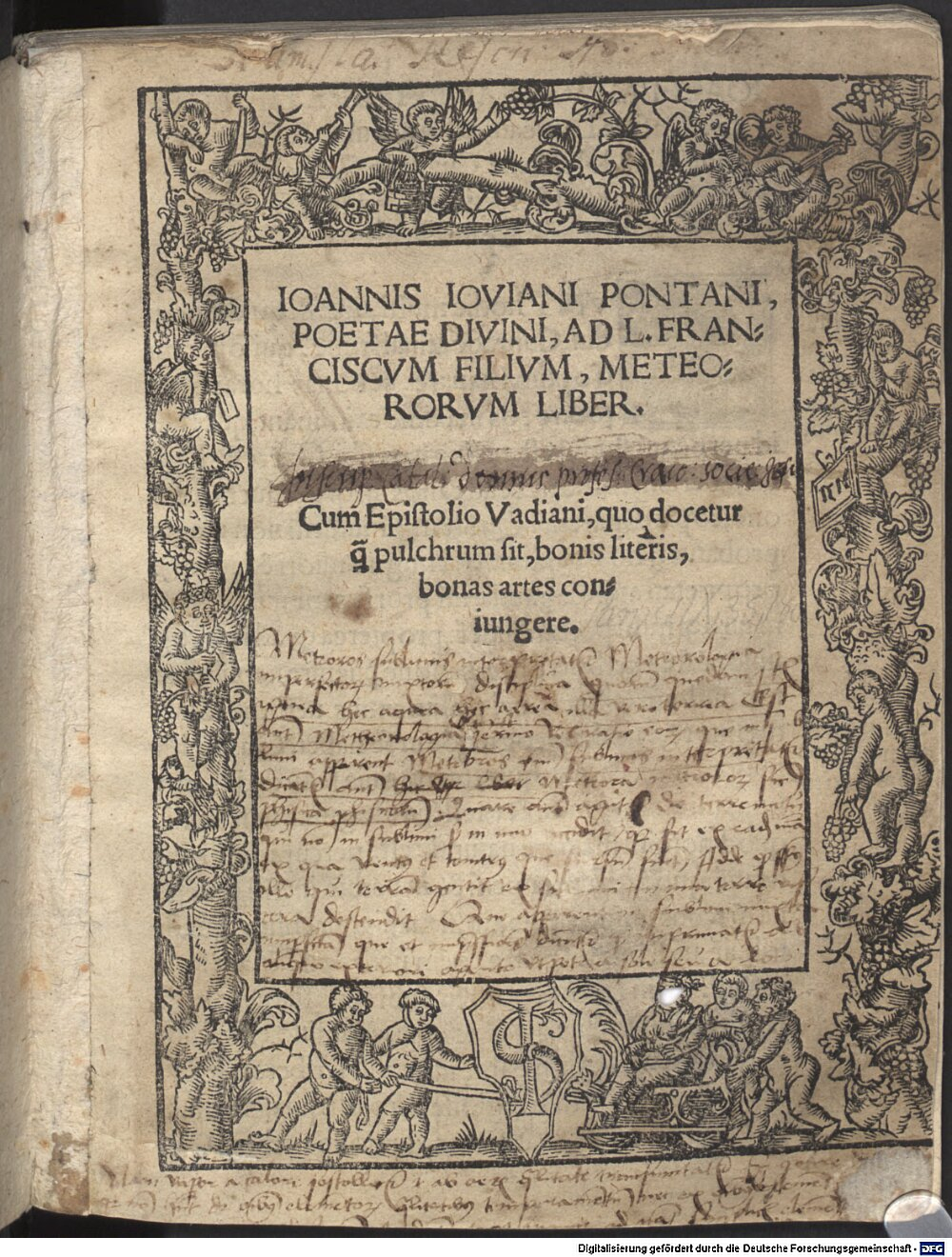Pontano, Giovanni Giovano: Joannis Ioviani Pontani, Poetae Divini, Ad L. Franciscum Filium, Meteororum Liber Viennae Austriae 1517 (Res/P.o.lat. 1679 k)