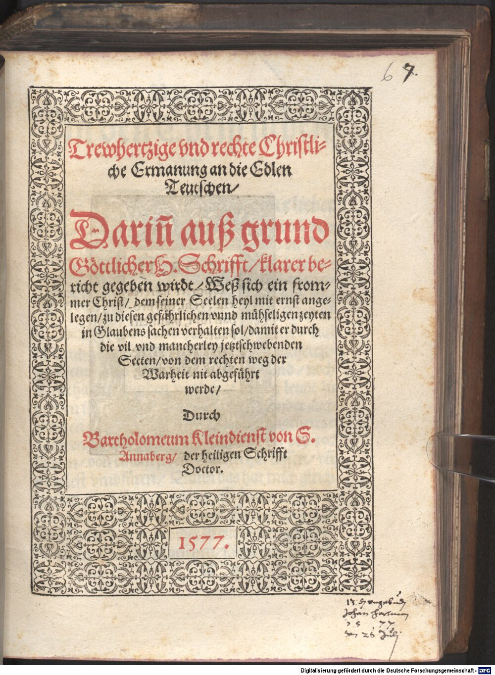 Kleindienst, Bartholomäus: Trewhertzige vnd rechte Christliche Ermanung an die Edlen Teutschen Jngolstatt 1577 (Res/4 Liturg. 484#Beibd.6)