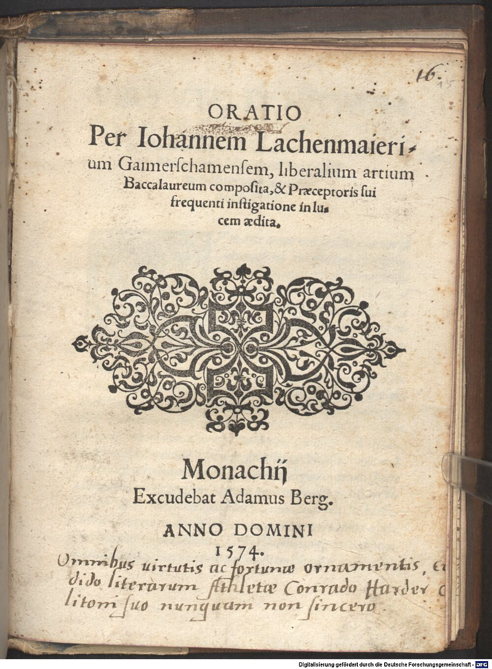 Lachenmair, Johann: Oratio Per Iohannem Lachenmaierium Gaimerschamensem Monachij 1574 (Res/4 Liturg. 484#Beibd.15)