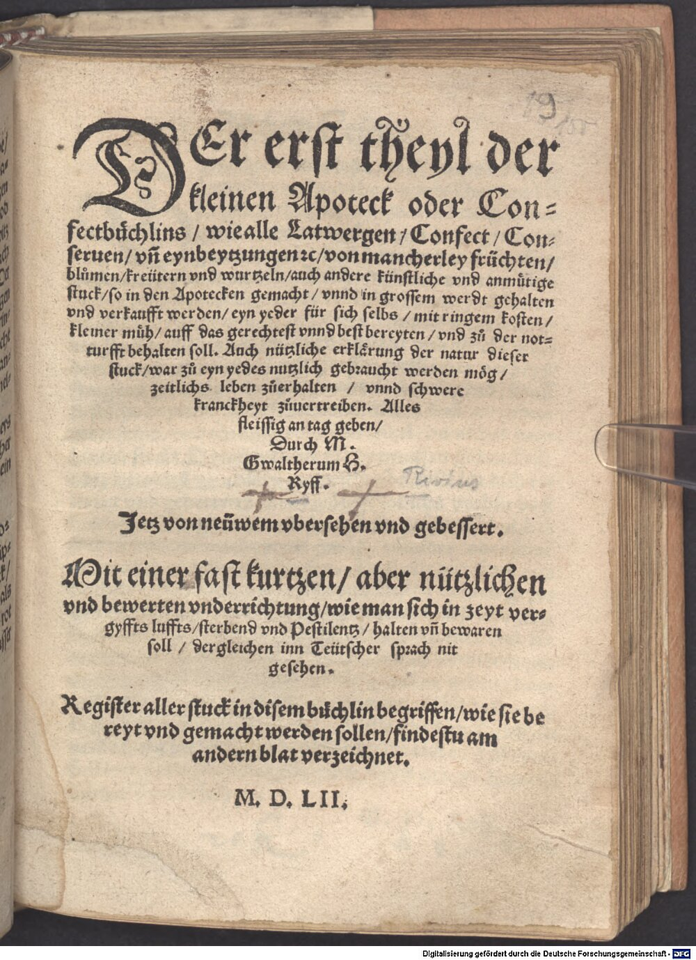 Ryff, Walther Hermann: Der ... theyl der kleinen Apoteck oder Confectbüchlins Straßburg (1552) (Rar. 1501#Beibd.9)