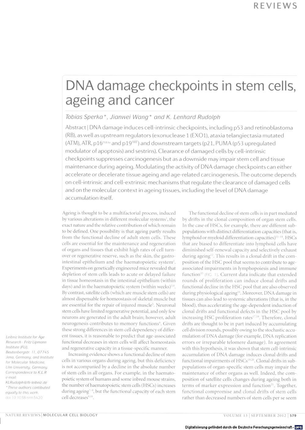 DNA damage checkpoints in stem cells, ageing and cancer