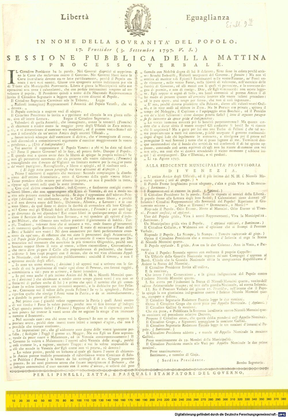 Libertà Eguaglianza IN NOME DELLA SOVRANITÀ DEL POPOLO. 17. Fructidor (3. Settembre 1797. V. S.) SESSIONE PUBBLICA DELLA MATTINA PROCESSO VERBALE.