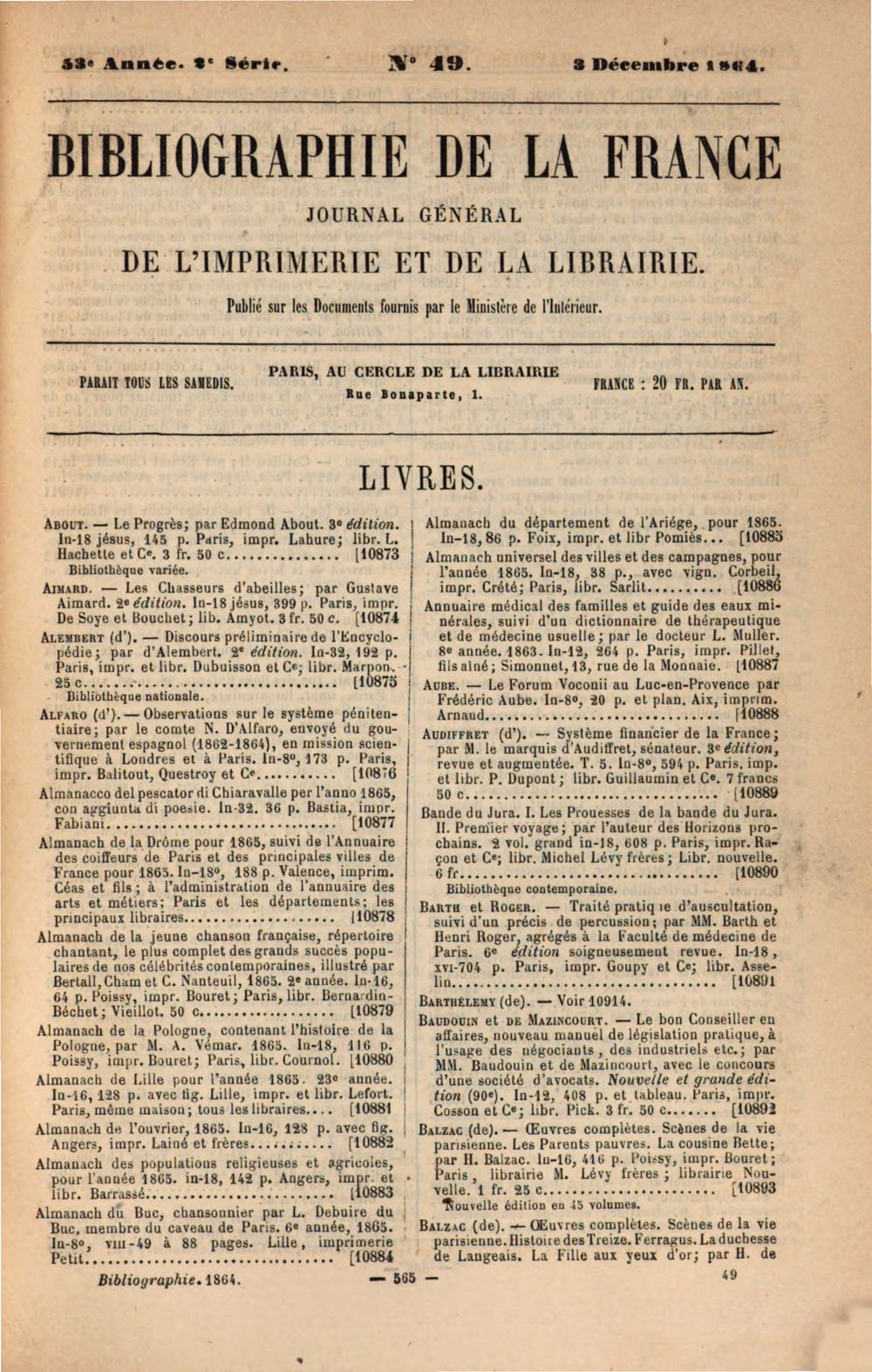 Bibliographie De La France 1864 Bayerische Staatsbibliothek